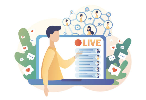 istock Tiny bloger that conduct live stream in social networks on laptop screen and viewers comment and like. Live streaming. Modern flat cartoon style. Vector illustration on white background 1258007815