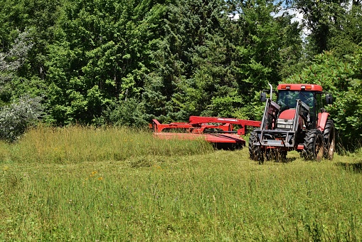 Farm machinery cuts tall grass in a meadow for a future hay bale operation.