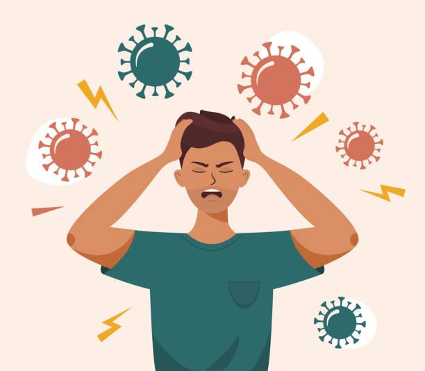A man stressed with mouth open covid irritation Flat vector illustration of a man with open mouth, clutches at head with both hands. Covid 19 causes headache, panic, depression. Stress, irritation from coronavirus, badmood fear factor stock illustrations