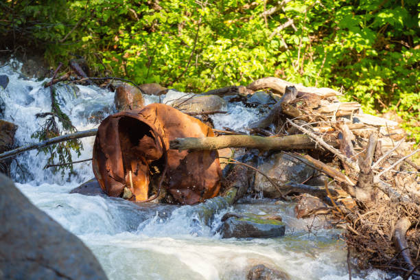 Twin Falls, Smithers BC Rusty bucket rests in the river following the Twin Falls waterfall, Smithers, BC. smithers british columbia stock pictures, royalty-free photos & images