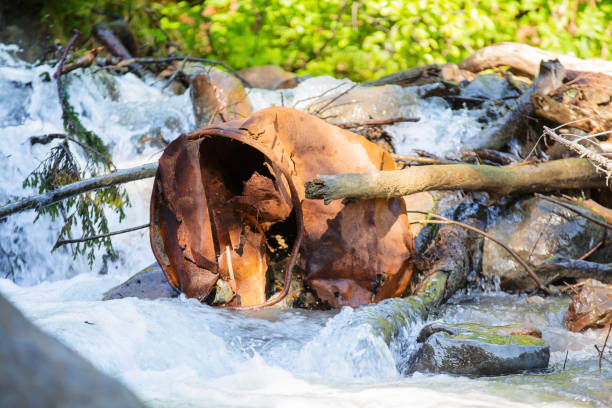 Twin Falls, Smithers BC Rusty bucket rests in the river following the Twin Falls waterfall, Smithers, BC. smithers british columbia stock pictures, royalty-free photos & images