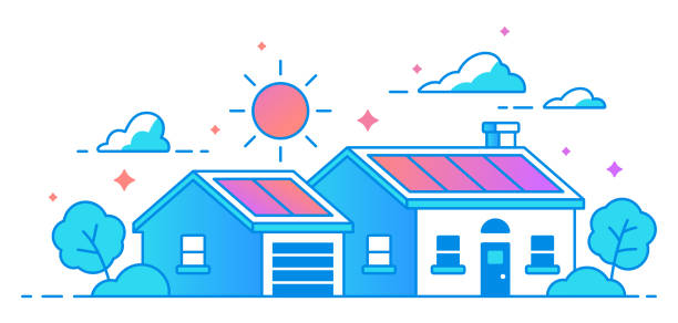 Solar Panel Home Solar panel photovoltaic system installed on the roof of a small house line drawing. solar power station solar panel house solar energy stock illustrations