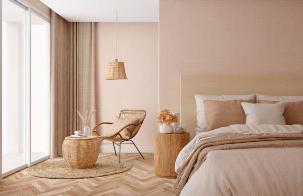 istock Bedroom interior.Beige tones design.3d rendering 1258009426