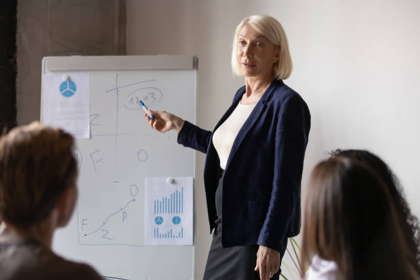istock Mature female coach make flip chart presentation at briefing 1258009516