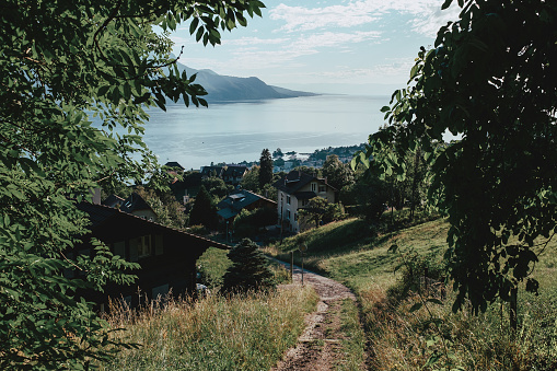 Panoramic shot of Geneva lake Leman and village of Clarens