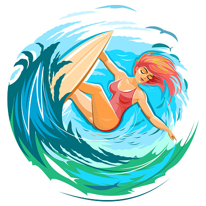 Surfer girl caught the wave. Ocean waves, summer, seagulls. Surfboard. Female summer water sports. Emblem surf. Isolated vector object on a white background. Flat style.