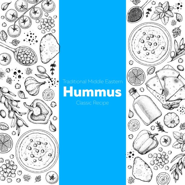 hummus gotowania i składników hummus, ilustracja szkic. bliskowschodnia rama kuchni. zdrowa żywność, elementy projektu. ręcznie rysowane, projektowanie opakowań. bliskowschodnie jedzenie. - mediterranean cuisine stock illustrations