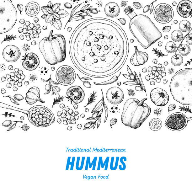 illustrations, cliparts, dessins animés et icônes de hummus cuisson et ingrédients pour le houmous, illustration de croquis. cadre de cuisine du moyen-orient. nourriture saine, éléments de conception. dessiné à la main, conception de paquet. nourriture du moyen-orient. - sesame