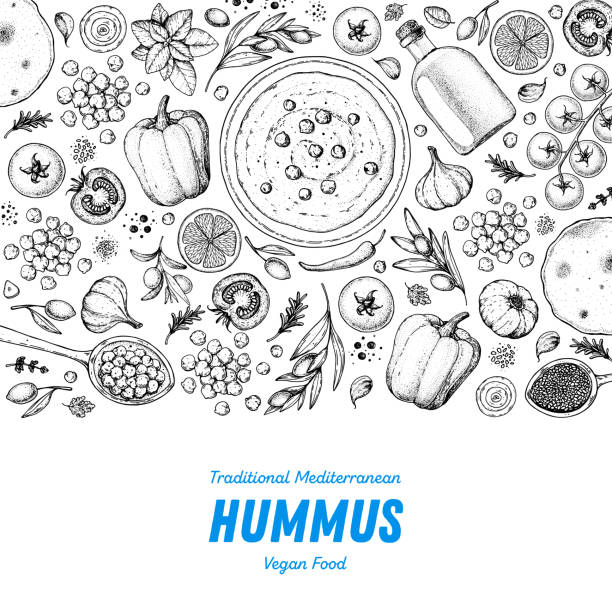 хумус приготовления пищи и ингредиенты для хумуса, эскиз иллюстрации. рамка ближневосточной кухни. здоровое питание, элементы дизайна. нар� - sesame stock illustrations