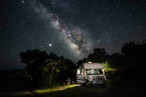 RV Road Trip RV in campground under the milky way outer banks north carolina stock pictures, royalty-free photos & images