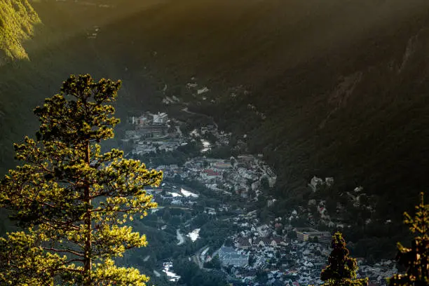 View of the city of Rjukan in Norway from the road leading to Gaustatoppen