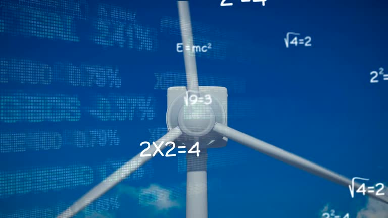 Mathematical equations and stock market data processing against windmill