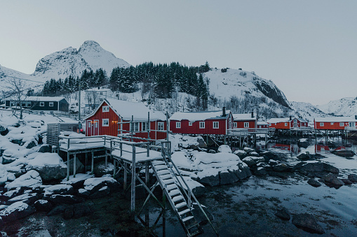 Tranquil scene of fishing village on Lofoten islands in winter