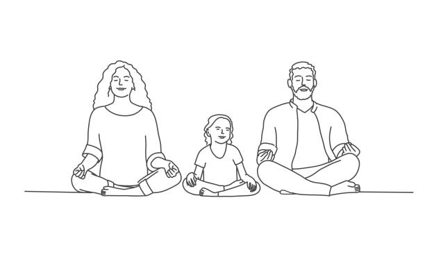 Happy family are sitting on the floor in the lotus position. Happy family are sitting on the floor in the lotus position. Line drawing vector illustration. cross legged illustrations stock illustrations
