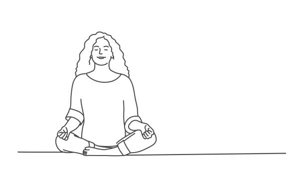 Young woman sitting on the floor in the lotus position. Young woman sitting on the floor in the lotus position. Line drawing vector illustration. yoga illustrations stock illustrations