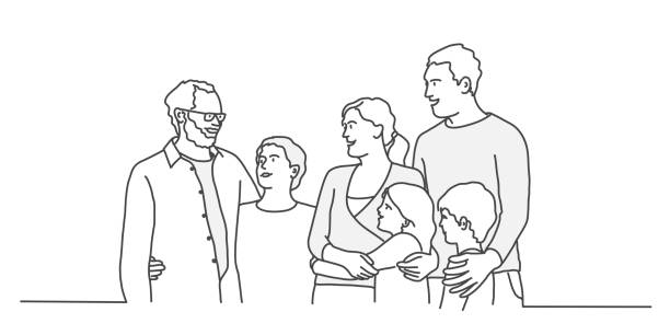 Happy family looking into distance Happy family looking into distance. Granddad, grandmother, father, mother, son, daughter. Line drawing vector illustration. family drawing stock illustrations