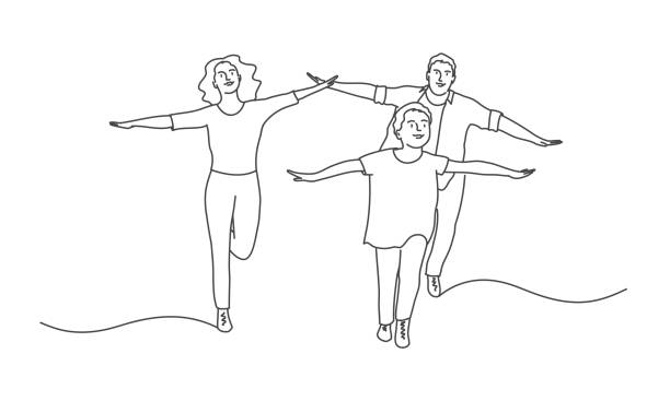 Happy mother, father and son  running. Happy mother, father and son  running. Line drawing vector illustration. family drawing stock illustrations