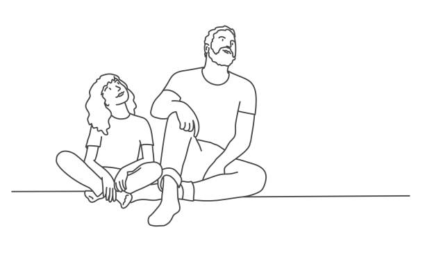 Father and daughter sit on the floor and look up. Father and daughter sit on the floor and look up. Line drawing vector illustration. family drawing stock illustrations