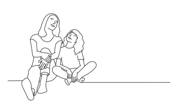 мать и дочь сидят на полу и смотрят вверх. - looking up illustrations stock illustrations