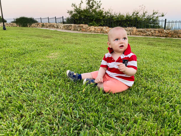 istock Baby boy playing in park on grass 1258023883