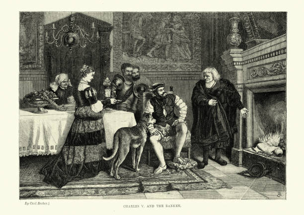 Charles V and the banker (Jakob Fugger) 16th Century Vintage illustration of Charles V and the banker (Jakob Fugger). Jakob Fugger of the Lily was a major German merchant, mining entrepreneur, and banker. He made considerable contributions to secure the election of the Spanish king Charles I to become Holy Roman Emperor Charles V. habsburg dynasty stock illustrations