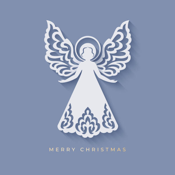 ilustrações de stock, clip art, desenhos animados e ícones de beautiful angel with ornamental wings and nimbus in paper cut style with shadow - freedom praying spirituality silhouette