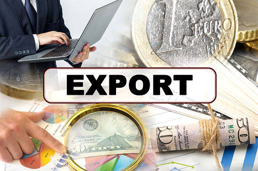 Business concept. Photo collage of photographs on financial topics, the inscription in the center - EXPORT