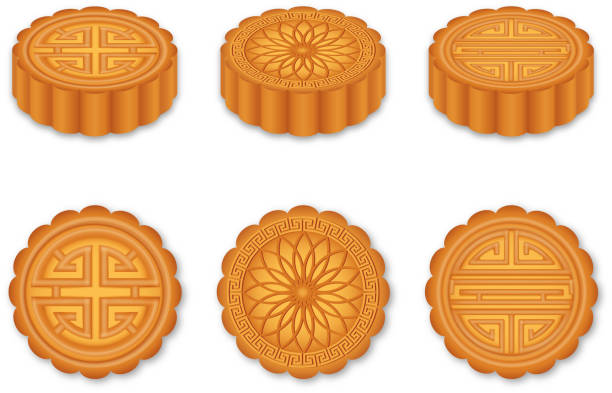 Set of isolated chinese mooncakes. Traditional cakes of mid autumn festival Set of isolated chinese mooncakes. Traditional cakes of mid autumn festival moon cake stock illustrations