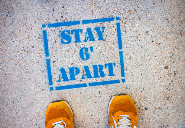 istock Sign on Shop Floor: Stay 6 Feet Apart, Two Shoes 1258035748