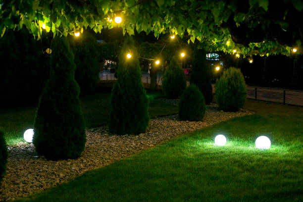 istock evening illumination backyard light garden with electric ground sphere lantern with stone mulch and thuja bush in landscaping park with garland of warm light bulbs, dark illuminate night scene nobody. 1258037296