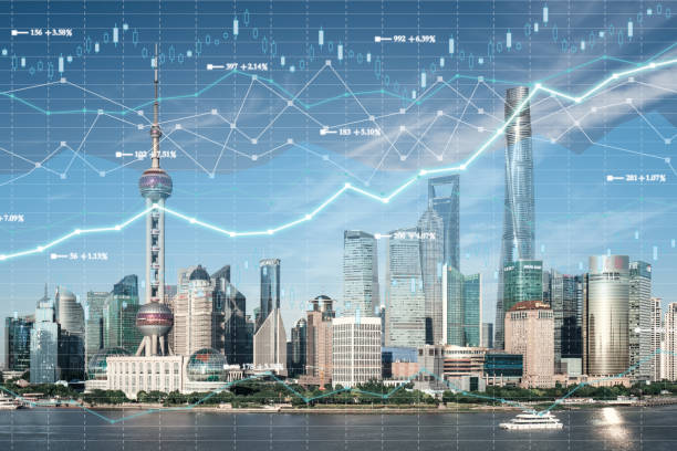 Financial data analysis graph showing global market trends. Horizontal composition with copy space.