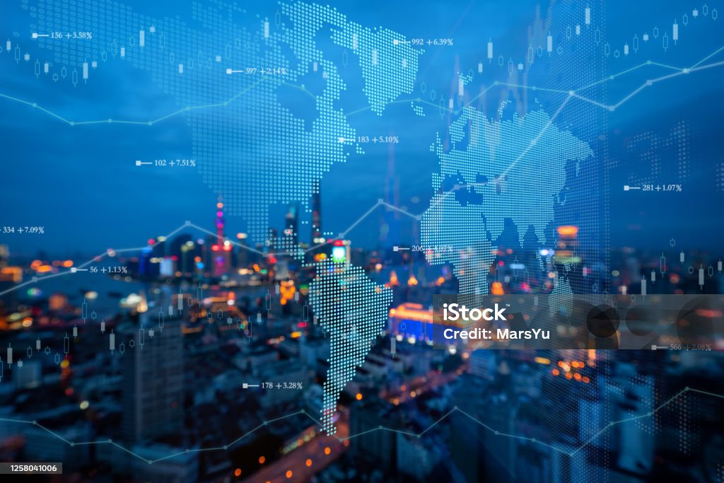Futuristic earth map technology abstract background global communication network concept Global Business Stock Photo