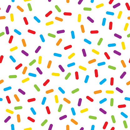 Vector illustration of multi-colored sprinkles in a repeating pattern against a white background.