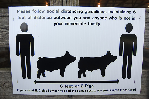 A sign urging social distancing at the Warren County Fair in Indianola, Iowa, USA, compares six feet to the length of two pigs in a photograph taken on July 23, 2020.
