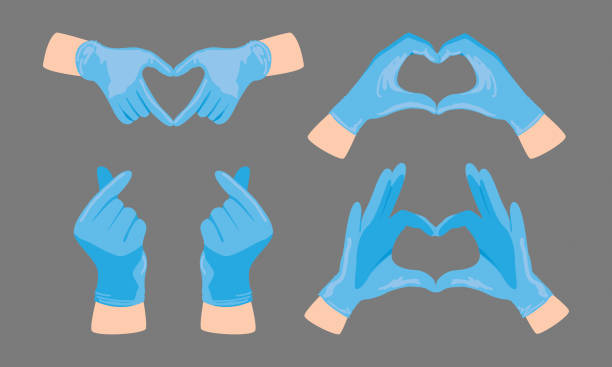 ilustraciones, imágenes clip art, dibujos animados e iconos de stock de ilustración dibujada a mano vectorial de diferentes signos de forma cardíaca de las manos con guantes de látex médicos azules. - glove