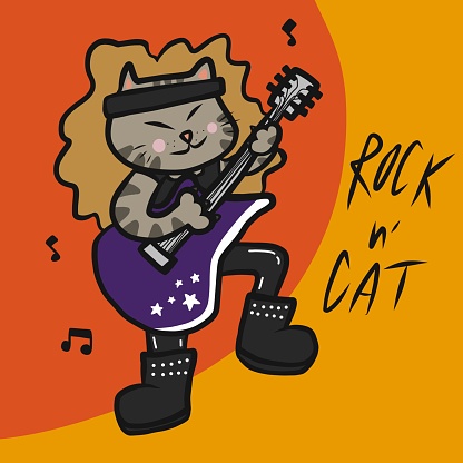 Rocker cat play guitar cartoon vector illustration