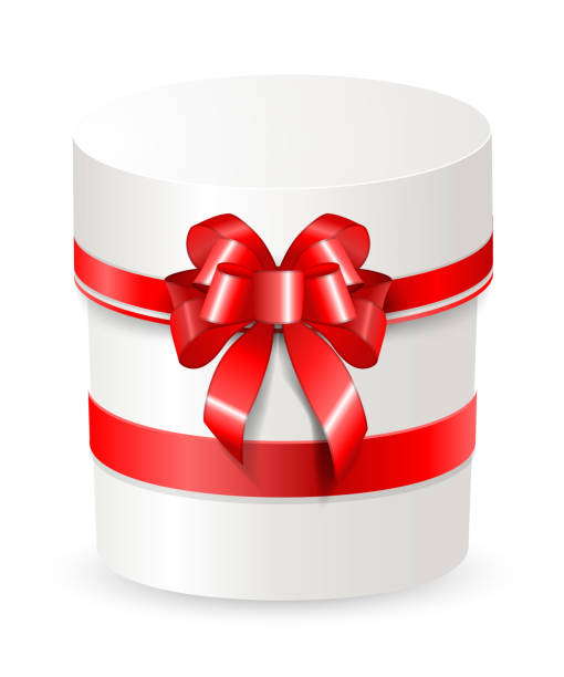 runde saubere weiße geschenk-box mit einem üppigen bogen. abgerundeter behälter mit satinleuchtenroten bändern auf weißem hintergrund isoliert. - sale holiday christmas ornament red stock-grafiken, -clipart, -cartoons und -symbole