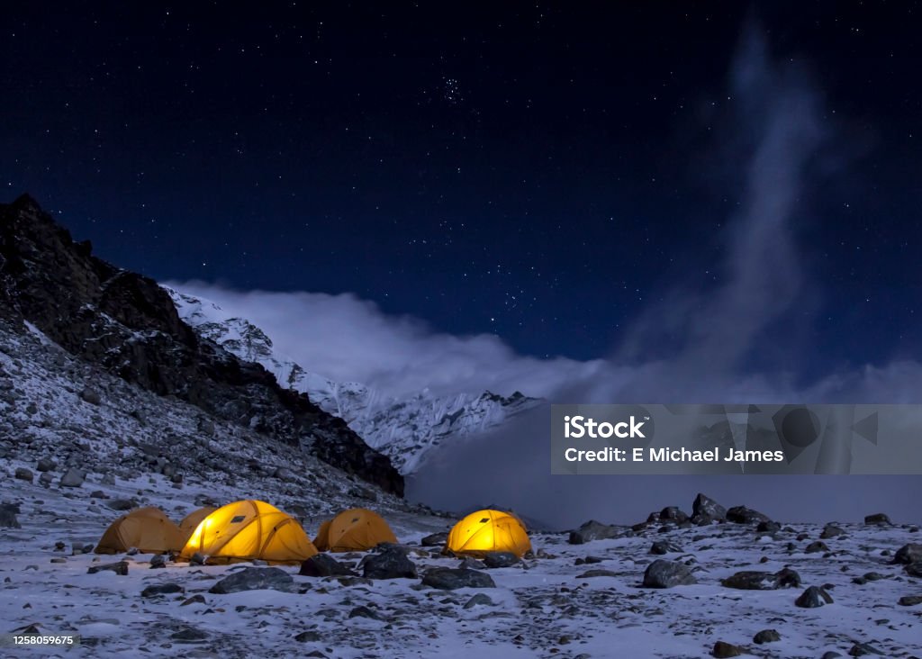 Mera Base Camp A sleepless night at 17000 feet. Base Camp Stock Photo