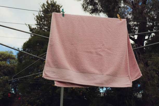istock pink towel hanging off backyard line 1258060486