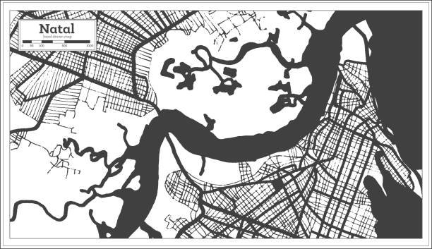 карта города натал бразилия в черно-белом цвете в стиле ретро. карта контура. - city urban scene planning black and white stock illustrations