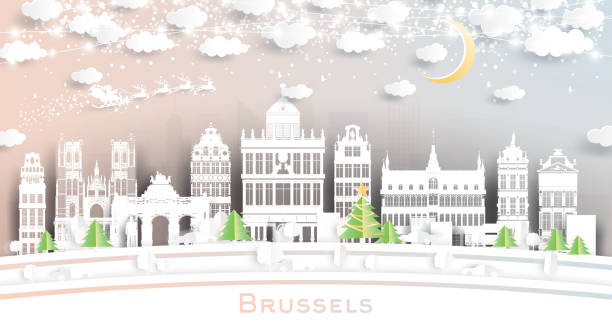 ilustrações de stock, clip art, desenhos animados e ícones de brussels belgium city skyline in paper cut style with snowflakes, moon and neon garland. - brussels