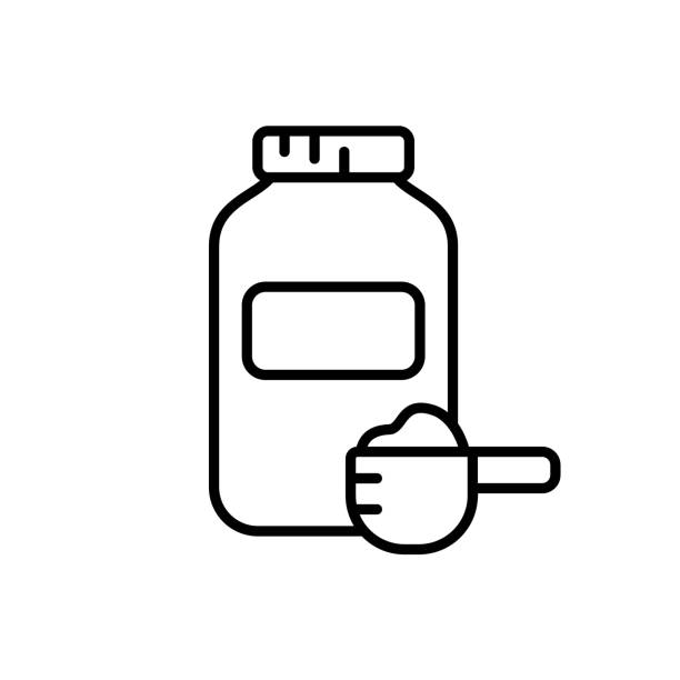 Jar of sports nutrition and measuring spoon with dry powder. Line art icon Jar of sports nutrition and measuring spoon with dry powder. Line art icon of muscle building protein whey. Black simple illustration of fitness food. Contour isolated vector on white background protein powder bottle stock illustrations