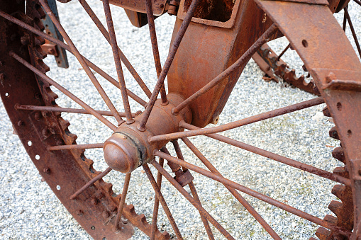 Close-up of a rusty carriage wheel