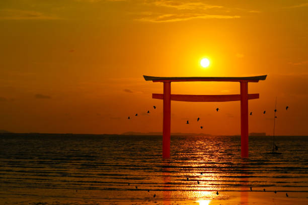 istock reflection torii sunset orange cloud on sky and silhouette birds flying on sea 1258073931