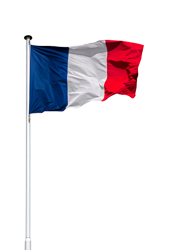 French national flag on flagpole flying in the wind against white background