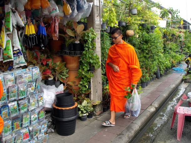 el joven monje budista hace sus compras en una calle en bangkok, tailandia. - monk meditating thailand bangkok fotografías e imágenes de stock