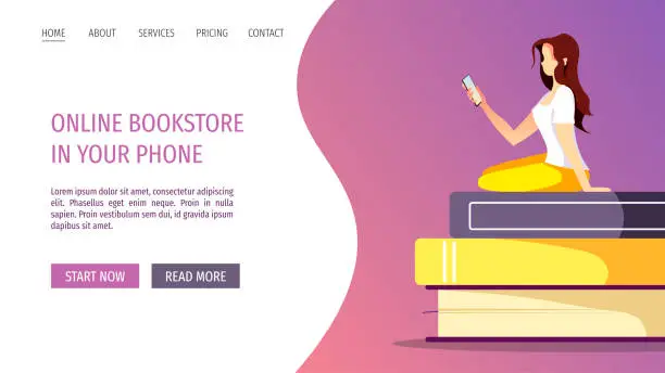 Vector illustration of Web page design for bookstore, bookshop, book lovers, E-book reader, E-library. Woman sitting with phone on the stack of books.