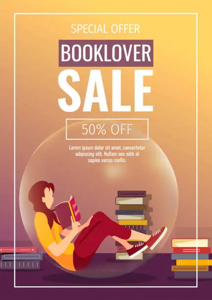 Vector illustration of Promo sale flyer for bookstore, bookshop, book lovers, E-book reader, E-library. Woman in bubble and books.