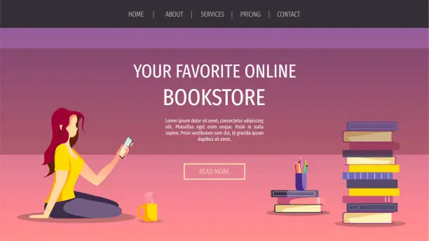 Vector illustration of Web page design for bookstore, bookshop, book lovers, E-book reader, E-library. Woman sitting with phone and stacks of books.