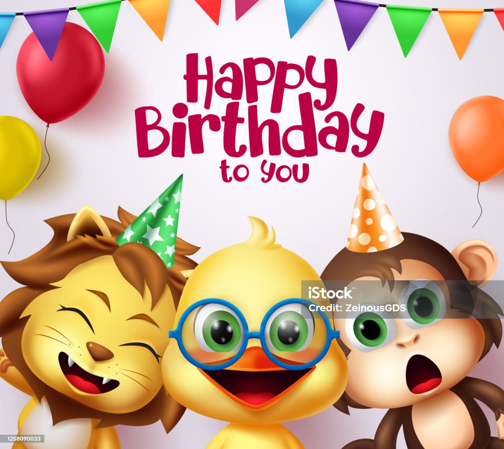 Happy Birthday Kids Party Animals Costume Character Vector Design Happy  Birthday To You Greeting Text With Cute Animal Friends Characters And  Colorful Party Elements Stock Illustration - Download Image Now - iStock